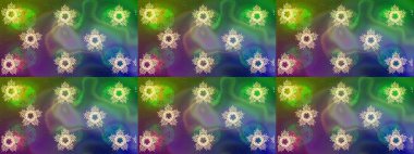 Kar tanelerinin soyut arkaplanlı Noel şablonu. Raster illüstrasyonu. Yeşil, mavi ve nötr renkler. Noel ve Yeni Yıl moda baskıları için tatil tasarımı.