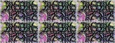 Elle çizilmiş çiçek deseni (fayans). Tekstil için dikişsiz suluboya desen. Sevimli çiçekleri, desenleri, siyah renkleri olan renksiz desenler..