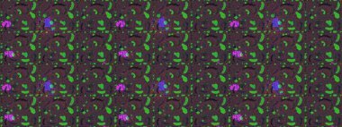 Yapraklı çiçekler ve kahverengi, mor ve yeşil renklerde papatya çiçekleri. Eskiz arkaplan modeli. Raster - stok.