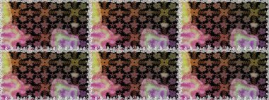 Renkli desenli kusursuz desen, siyah çiçekler ve dekoratif elementler. Eski usul. Kusursuz bir geçmişi var. Raster illüstrasyonu. Kumaş, tekstil ve duvar kağıdı baskısı için..