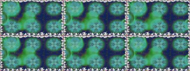 Kumaş desenli papatya çiçeği detayı. Mavi ve yeşil renkte çiçekler.