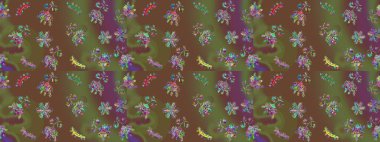 Soyut çiçek desensiz arkaplan. Raster deseni. Raster illüstrasyonu. Kahverengi, yeşil ve mor renklerde. Küçük çiçekte sevimli çiçek deseni var..