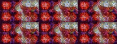 Raster illüstrasyonu. Noel ve yeni yıl moda baskıları için tatil tasarımı. Kar tanelerinin soyut arkaplanlı Noel şablonu. Kahverengi, kırmızı ve gri renkler.