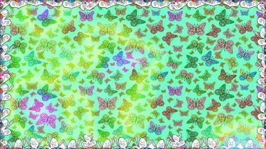 Fantezi güzel illüstrasyon. Yeşil ve mavi renkli resimler. Raster illüstrasyonu. Kitap sayfaları için çiçek ormanlarında uçan güzel kelebekler. Kusursuz renk çizimi deseni.