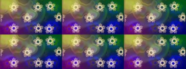 Kış kar tanesi, raster arka plan. Renkli arka planda izole kar taneleri. Yüzey için tekrarlanan doku, ambalaj kağıdı, mavi, yeşil ve mor renkler. Raster illüstrasyonu.