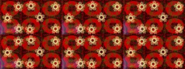 Renkli desenli eskiz deseni, kırmızı çiçekler ve dekoratif elementlerle. Raster illüstrasyonu. Eskiz geçmişi. Eski usul. Kumaş, tekstil ve duvar kağıdı baskısı için..