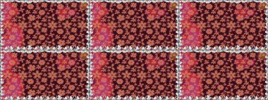 Bahar mevsimi. Nazik romantik baskı. Raster dikişsiz şirin çiçek deseni. Tatil havası. Kahverengi ve pembe renkte çiçekler.