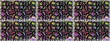 Renkli Bahar Temalı Kusursuz Arkaplan. Raster illüstrasyonu. Düz Çiçek Elementleri Tasarımı. Siyah ve nötr renklerde zarif çiçekli suluboya.