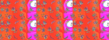 Kar tanelerinin soyut arkaplanlı Noel arkaplanı. Turuncu, mor ve pembe kar taneleri. Noel için tatil tasarımı, yeni yıl moda baskıları. Güzel tasarım. Raster illüstrasyonu.