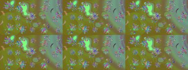Çocuksu tasarım. Elle çizilmiş çiçek desenli Raster çizimi. Yeşil arka planda. Tekstil, kumaş, ambalaj, hatıra defteri için güzel çiçek arkaplanı..