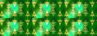 Çiçek desenli çizim. Raster illüstrasyonu. Asya tekstil tarzında. Yeşil, mavi ve sarı renkli çiçekler. Raster illüstrasyonu.