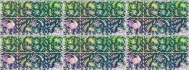Suluboya, elle çizilmiş. Çiçekler yeşil ve maviye. Raster hisseleri. Kusursuz arkaplan deseni.