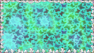 Yüzey dokuları, duvar kağıtları, web sayfası geçmişi, tekstil için mükemmel. Raster illüstrasyonu. Kusursuz bir arka plan. Mavi renkli resimler. Renkli sevimli kelebek.