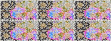 Kına dövmeli süs çiçekleri, altın çıkartmalar, mehndi ve yoga tasarımı, kartlar ve parmak izleri. Gri renkli desen. Raster altın mehndi kusursuz desen.