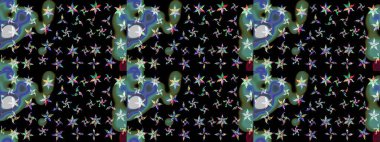 Eskiz geçmişi. Eski usul. Renkli desenli eskiz deseni, siyah çiçekler ve dekoratif elementlerle. Kumaş, tekstil, duvar kağıdı baskısı için. Raster illüstrasyonu.