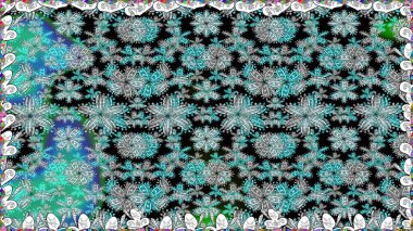 Çiçek ve yapraklı karalama şeklinde Raster çiçek deseni. Yumuşak, mavi renkte bahar çiçekleri. Raster illüstrasyonu.