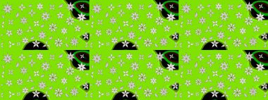 Yeşil renkli bitkilerden oluşan parlak çiçekli çizim deseni.