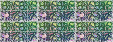Suluboya, elle çizilmiş. Çiçekler yeşil ve maviye. Raster hisseleri. Kusursuz arkaplan deseni.