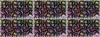 Renkli Bahar Temalı Kusursuz Arkaplan. Raster illüstrasyonu. Düz Çiçek Elementleri Tasarımı. Siyah ve nötr renklerde zarif çiçekli suluboya.