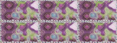 Mor renkte manzaralı çiçek deseni. Çiçek kompozisyonu, el boyası, hassas şablon. Üst manzara, yumuşak stil. Sevgililer günü ve tebrik kartı konsepti için şık bir davet.