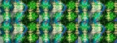 Yeşil, mavi ve nötr renklerde kar tanelerinden oluşan kış deseni. Kış konsepti Raster illüstrasyonu. Düz yatıyordu.