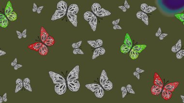 Tekstil, kumaş, baskı ve davetiye geçmişi. Kelebekli çizim şekli. Yeşil renkli illüstrasyon. Raster..