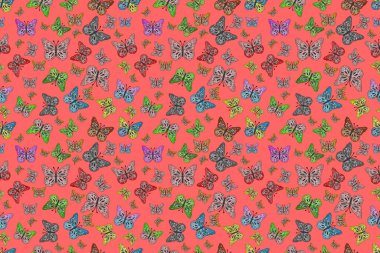 Yeşil, mavi ve beyaz renkli resimler tropikal kelebeklerle birlikte. Soyut, pürüzsüz bir arkaplan. Kelebek deseni. Duvar kağıtları, web sayfası arkaplanları, yüzey dokuları, tekstil için mükemmel..