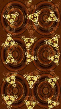 Kahverengi, sarı ve siyah kar taneleri. Renkler. Kar tanelerinin soyut arkaplanlı Noel şablonu. Raster illüstrasyonu. Noel ve Yeni Yıl moda baskıları için tatil tasarımı.