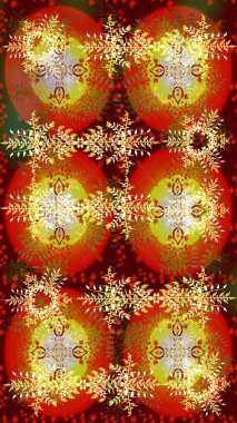 Noel kırmızısı, kahverengi ve sarılar. Raster illüstrasyonu. Sihirli kırmızı, kahverengi ve sarı tatil soyut arka plan yıldız ve düşen kar taneleri.