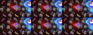 Kar tanesi renkli desen. Snowflakes desen. Raster kar taneleri arka plan. Renk arka plan üzerinde izole soyut kar taneleri ile düz tasarım. Raster illüstrasyon.