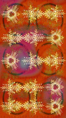 Raster illüstrasyonu. Kış kar tanesi, raster arka plan. Renkli arka planda izole kar taneleri. Yüzey için tekrarlanan doku, ambalaj kağıdı, turuncu, kahverengi ve kırmızı renkler.