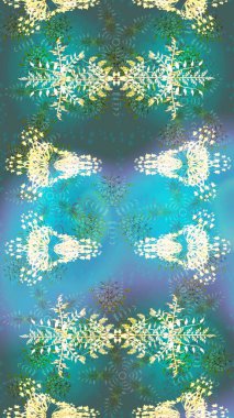 Raster illüstrasyonu. Mavi, yeşil ve nötr renklerde kristal kar taneleri.