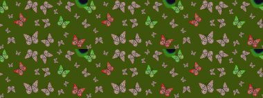 Kumaş, tekstil, baskı ve davetiye için arka plan. Yeşil renkli resimler. Suluboya soyut parlak desenli kelebek kanatları, retro renkler.