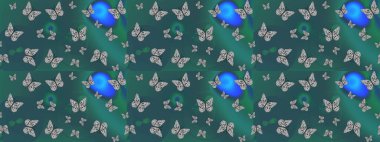 Kelebek desenli maviler. Raster. Kumaş, kağıt, ambalaj kâğıdı ve duvar kağıdı tasarımı için harika bir arka plan. Çizim.