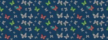 Çizim kalıbı. Web sayfası geçmişleri, duvar kağıtları, tekstil ve yüzey dokuları için mükemmel. Raster illüstrasyonu. Raster. Mavi arka plandaki suluboya kelebeklerin.