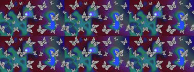 Raster. Mavi renkli illüstrasyon. Kıyafetler, erkekler, kızlar ve duvar kağıtları için soyut çizim kalıbı. Kelebekli Raster.