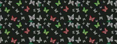 Duvar kağıtları, web sayfası geçmişi, yüzey dokuları, tekstil için mükemmel. Raster Kelebekleri deseni. Soyut eskiz arka planı. Gri renkli resimler tropikal kelebeklerle birlikte.