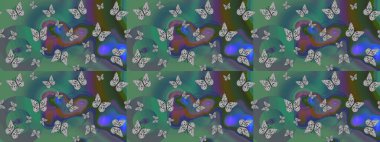 Raster. Kıyafetler, erkekler, kızlar ve duvar kağıtları için soyut çizim kalıbı. Yeşil renkli illüstrasyon. Kelebekli Raster.