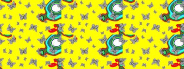 Raster. Sarı renkli illüstrasyon. Kelebekli çizim şekli. Tekstil, kumaş, baskı ve davet için arkaplan.