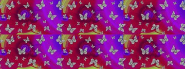 Tasarım için Raster Kelebekleri. Giysi tarzı için mor arka planda dekorasyon. Raster illüstrasyonu. Fantezi renkli resimler koleksiyonu. Farklı renkte kelebeklerin çizimi..