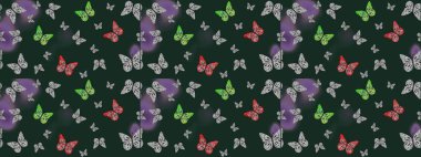 Doğadaki güzellik. Watercolor Style 'da uçan kelebeklerle eskiz kalıbı. Kumaş, Tekstil, Baskı ve Davetiye için arka plan. Raster illüstrasyonu.