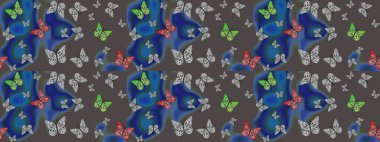 Güzel renkli kelebekler kahverengi renklerde kaotik bir şekilde uçarlar. Parlak kelebeğin eskiz geçmişi. Uçan güve ile çok renkli bir arka plan çiz. Raster. Kumaş, kağıt, ambalaj için uygun