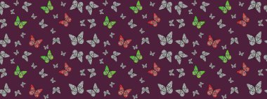 Raster illüstrasyonu. Renkli kelebeklerin eskiz geçmişi. Giysi tasarımı için kahverengi arkaplanda dekor.