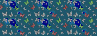 Duvar kağıdı için böcek dokusunun tekrarı. Mavi lekeli güzel kelebek kumaşı dokusu. Bahar Kelebeği teması. Raster illüstrasyonu.