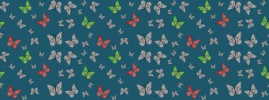 Mavi üzerine güzel bir kelebek kumaşı çizimi. Raster illüstrasyonu. Giysi kumaşı için böcek dokusu parçası tekrarlanıyor. Bahar Kelebeği teması. Çizim, karalama, karalama. Sonsuz.