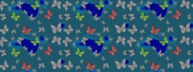 Raster geleneksel halk dekoru mavi arka planda giyim tasarımı için. Sevimli moda kelebekler.