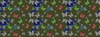 Kelebekli tasarım. Sonsuz. Robot resim. Yeşil arka planda kelebekler. Raster illüstrasyonu. Çizim, karalama, karalama.