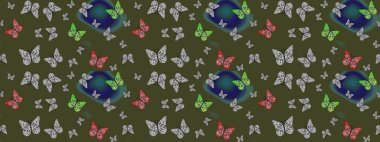 Albüm için resim. Raster illüstrasyonu. Yeşil renkli sanat kelebekleri. Renkli kelebeklerin eskiz arka planı.