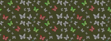Kumaş, Tekstil, Baskı ve Davetiye için arka plan. Yeşil arka planda kelebek desenli çizim. Raster illüstrasyonu.