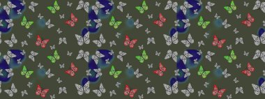 Sonsuz. Raster illüstrasyonu. Yazdırmayı tekrarla. Yeşil ve soyut suluboya kelebekleri olan yumuşak bir deniz mavisi deseni..